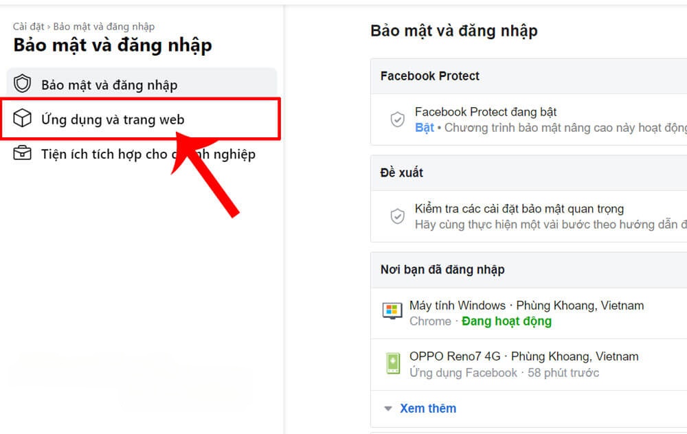 Nhấn vào mục Ứng dụng và trang web