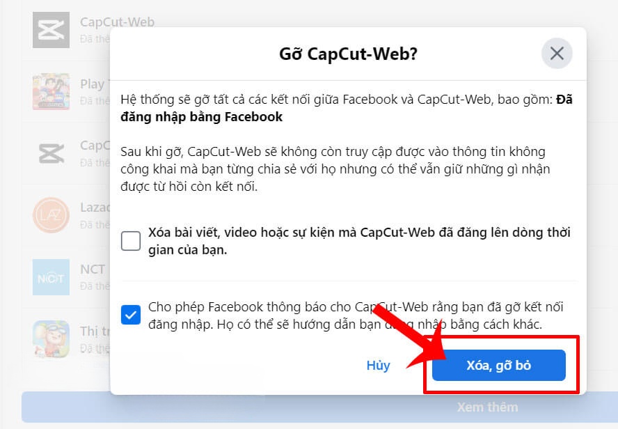 Nhấp chuột vào nút Xóa, gỡ bỏ