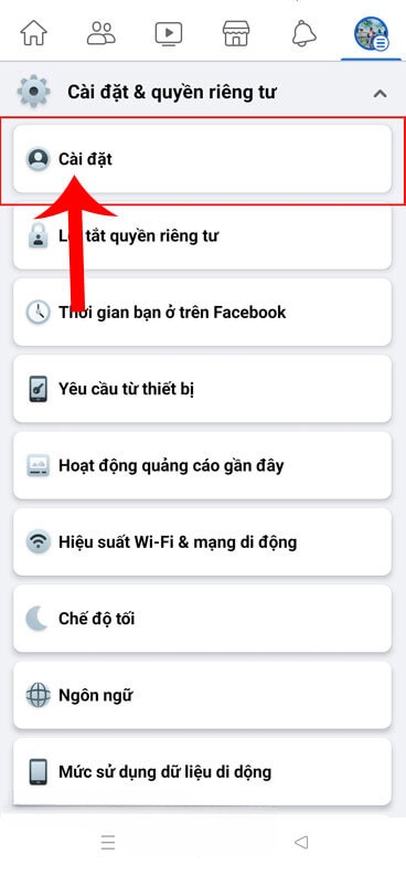 Ấn vào mục Cài đặt