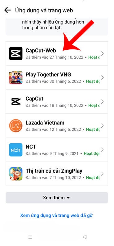  Chọn một ứng dụng, game muốn hủy liên kết