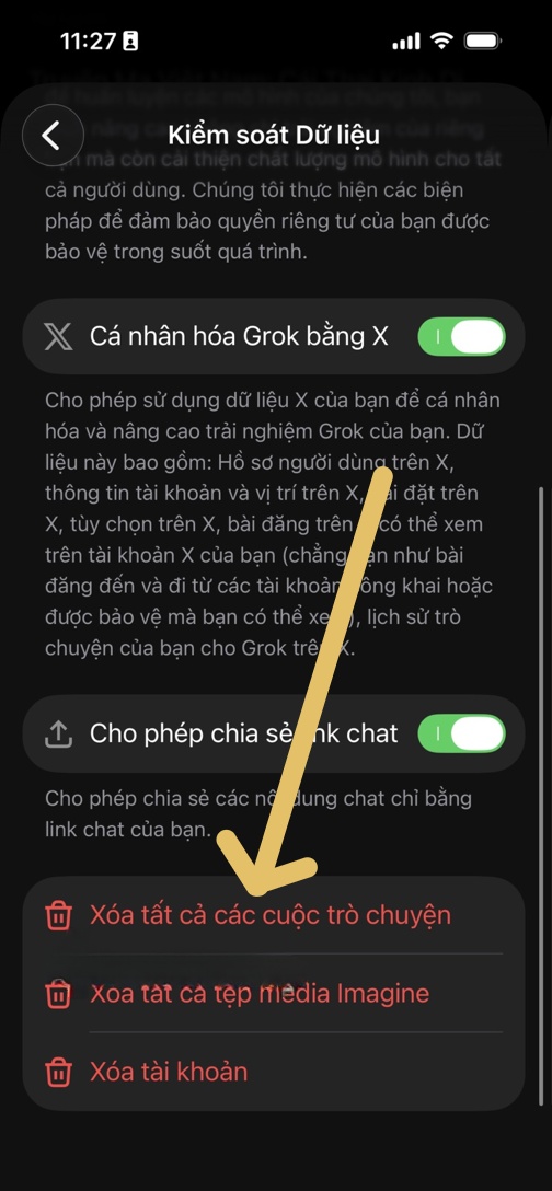 cách xóa lịch sử trò chuyện grok