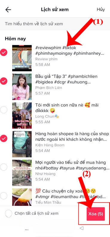 Chọn video bất kỳ > Nhấn vào nút Xóa