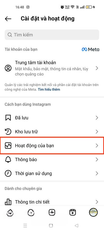 Chạm vào mục Hoạt động của bạn