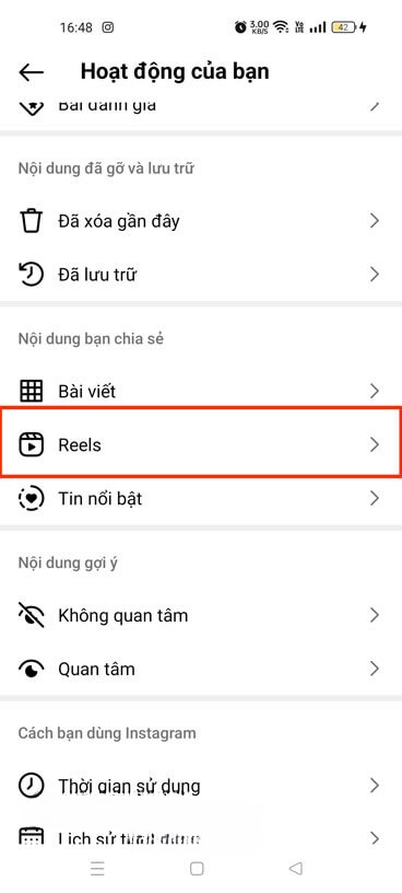 Nhấn vào mục Reels