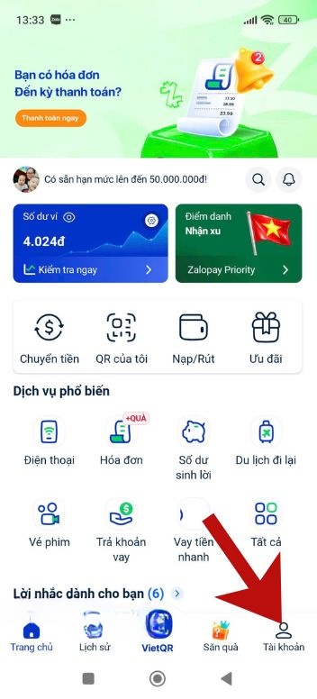 Chạm vào biểu tượng tài khoản
