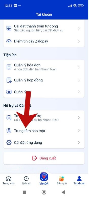 Nhấn vào mục Trung tâm bảo mật