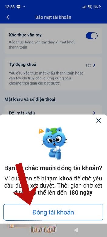 Tiếp tục, nhấn vào mục Đóng tài khoản