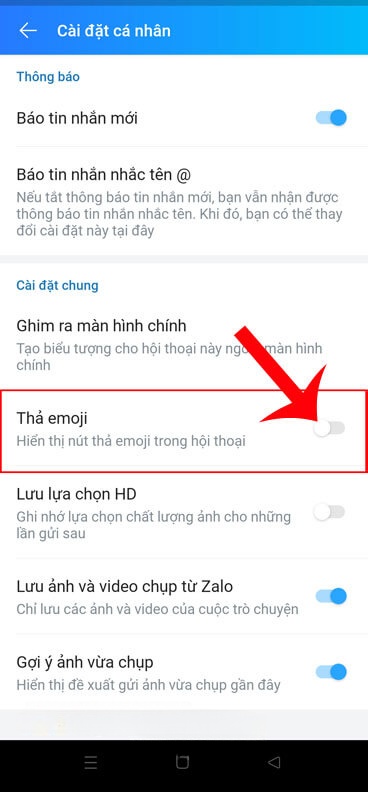 Gạt và tắt công tắt tại mục Thả Thả emoji