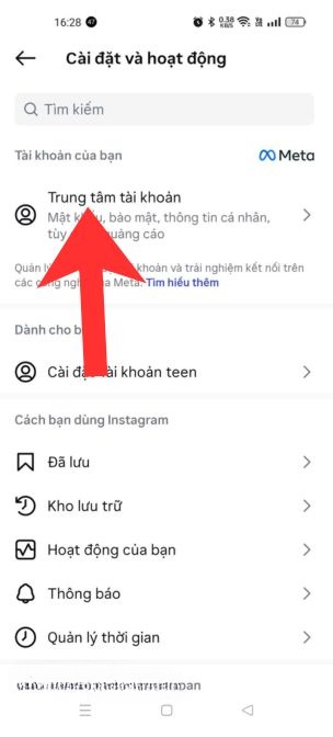 Nhấn vào mục Trung tâm tài khoản