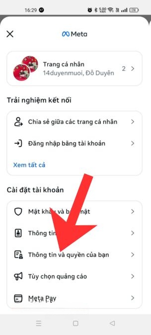 Ấn vào mục Thông tin và quyền của bạn