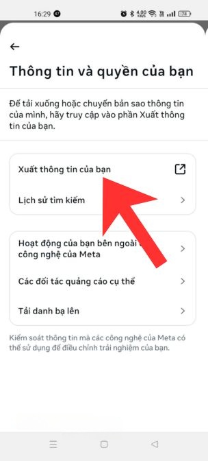 Chạm vào mục Xuất thông tin của bạn