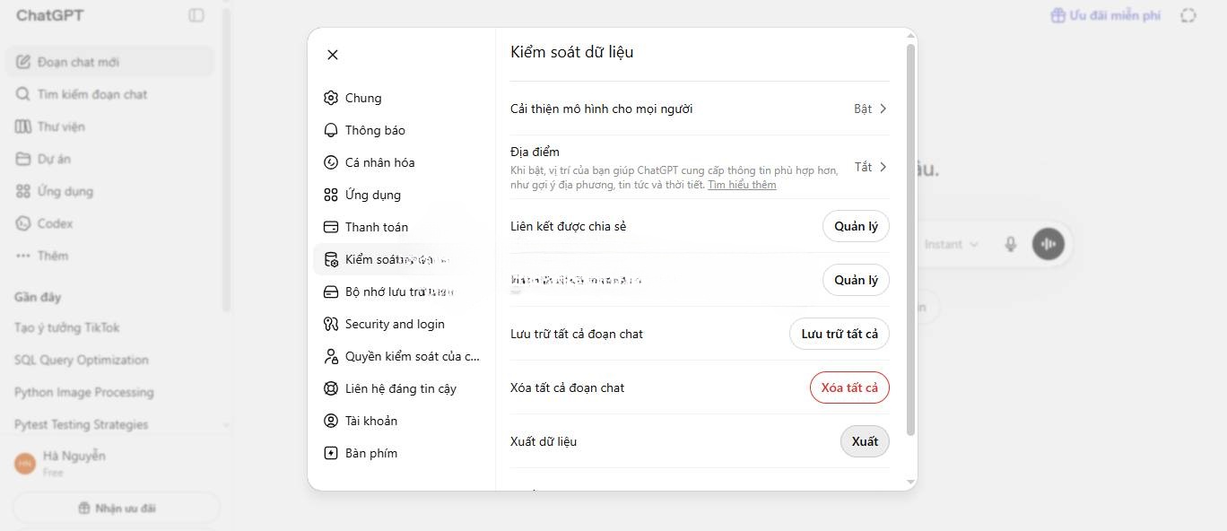 Tùy chọn Xuất trên trang web ChatGPT