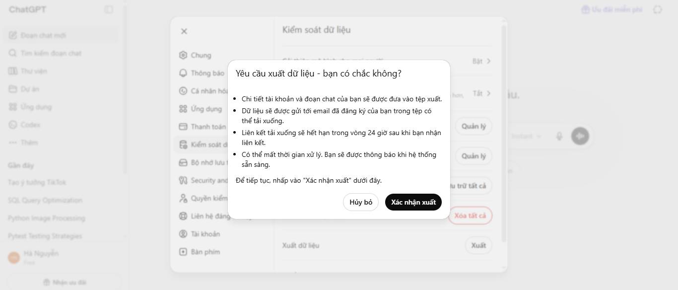 Tùy chọn Xác nhận xuất trên trang web ChatGPT