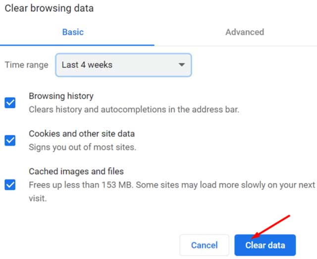 Xóa tất cả bộ nhớ cache và cookie trong 4 tuần qua