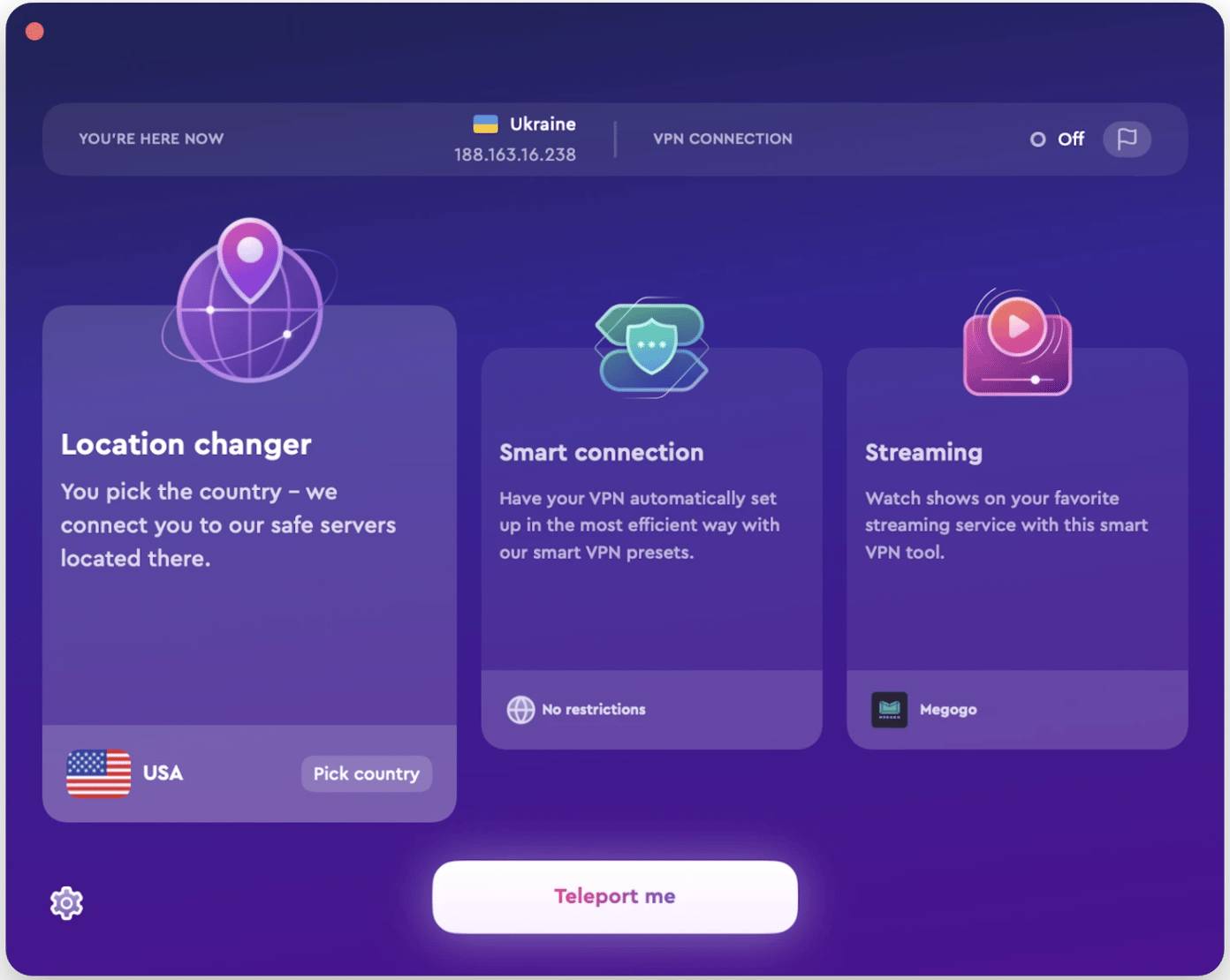 Tùy chọn thay đổi vị trí trong ClearVPN