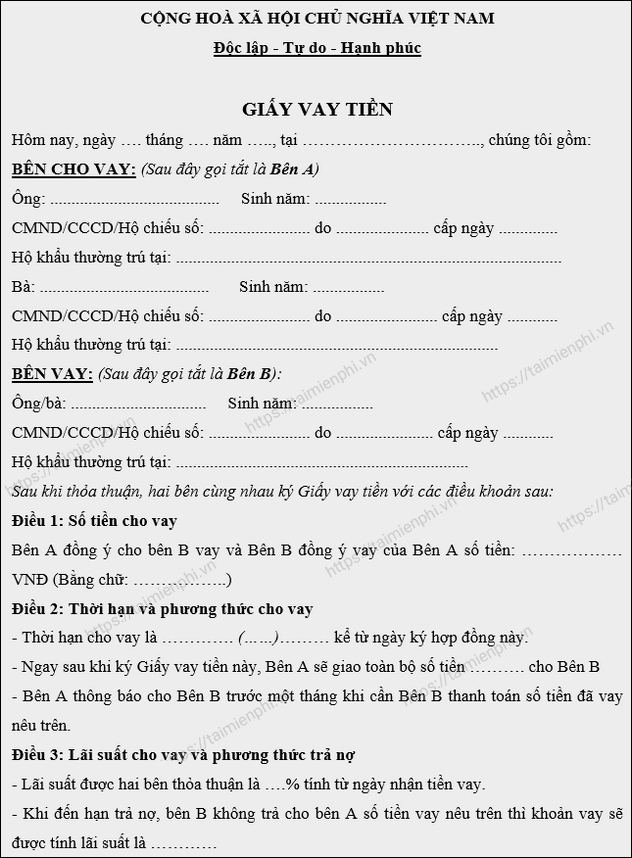 mau giay vay tien chuan phap luat