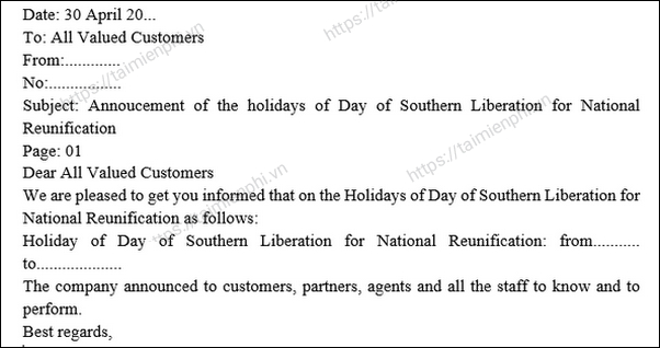 form thong bao nghi le bang tieng anh chuan