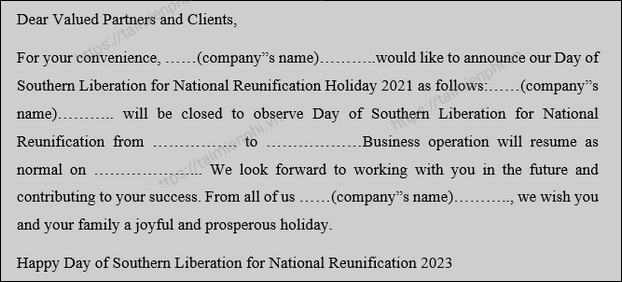 mau thong bao nghi le bang tieng anh cho doi tac