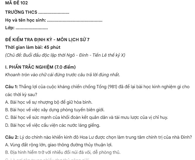 Mã đề thi khác nhau