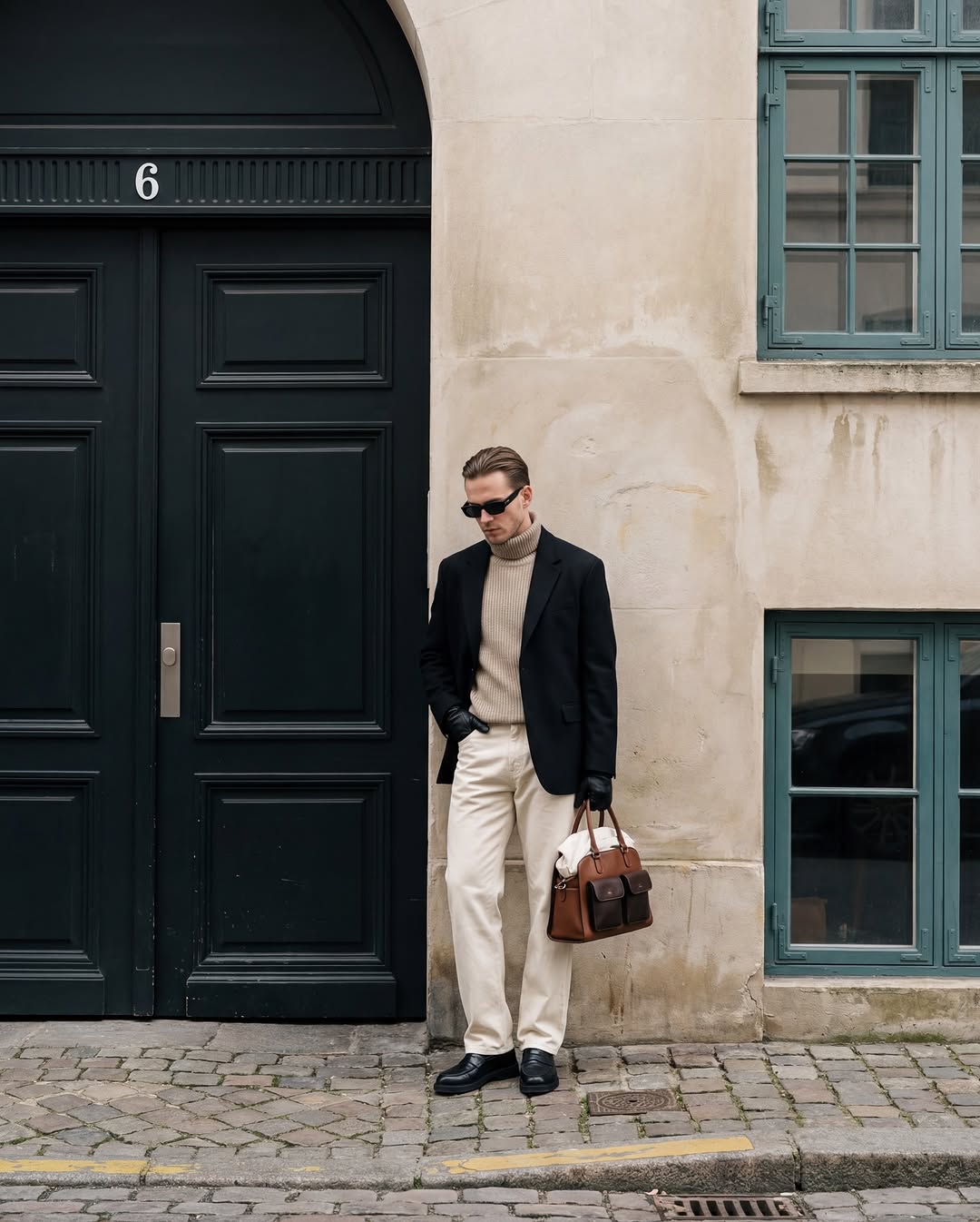 Một người đàn ông mặc áo blazer đen và áo cổ lọ màu be dựa vào bức tường trên phố