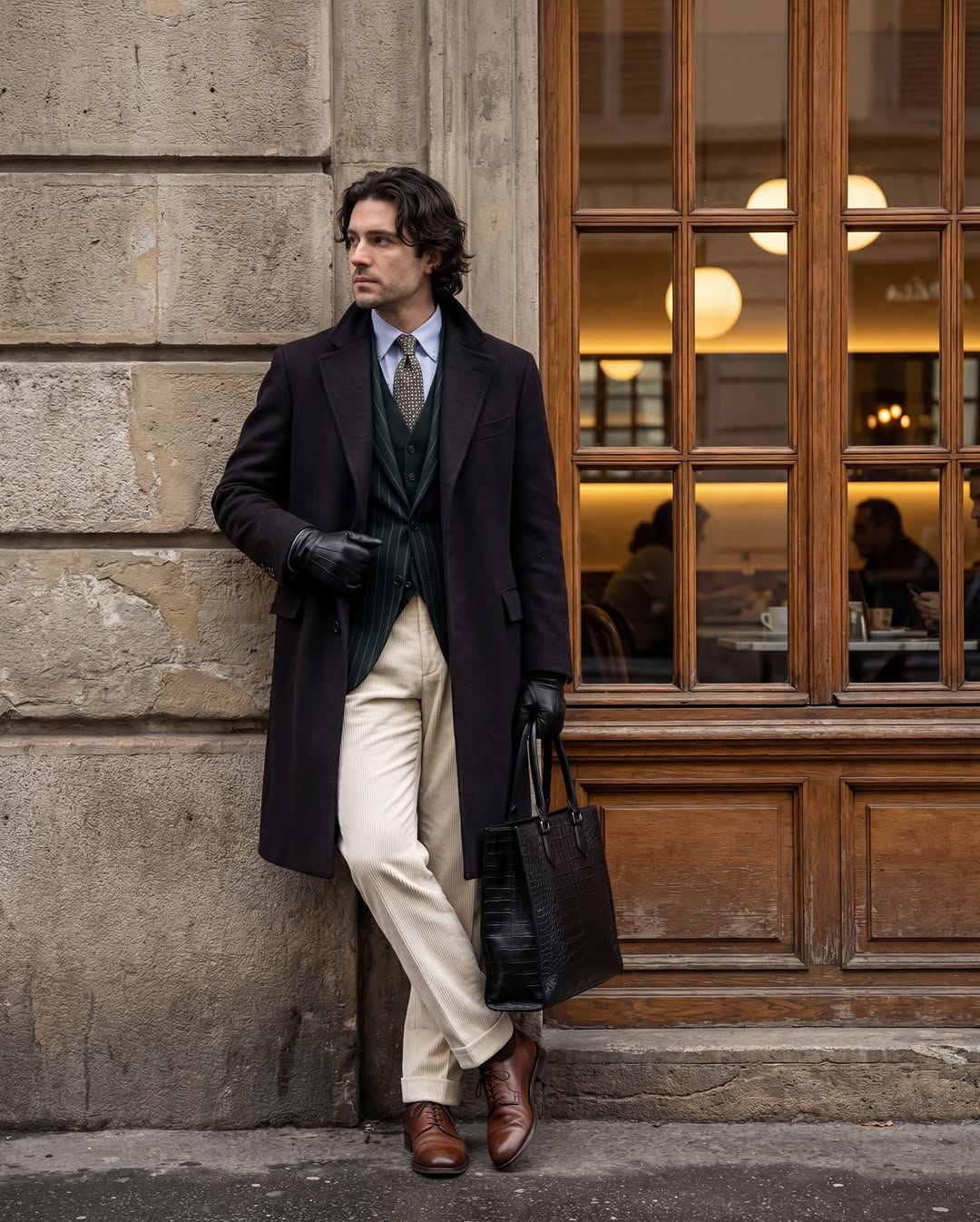 Một người đàn ông mặc bộ vest ba mảnh đang tựa vào cửa sổ của một quán cà phê cổ điển