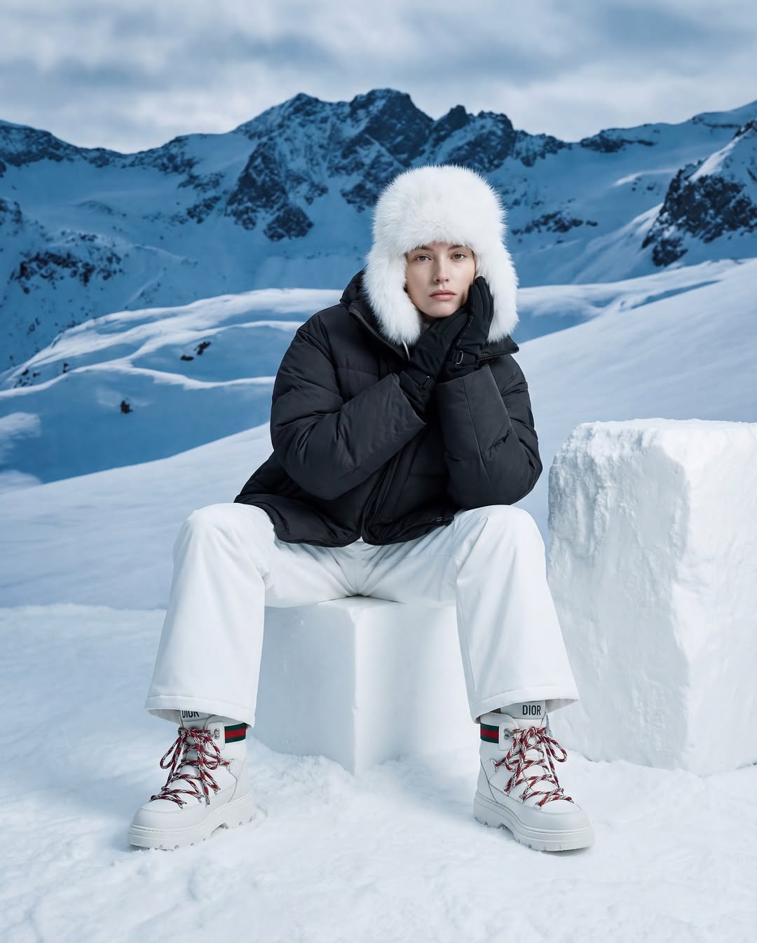 Ảnh chụp một người phụ nữ mặc áo khoác đen và quần trắng trong khung cảnh núi non