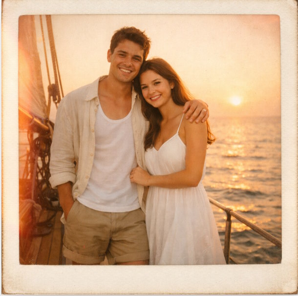 Ảnh chụp cặp đôi trên thuyền buồm lúc hoàng hôn