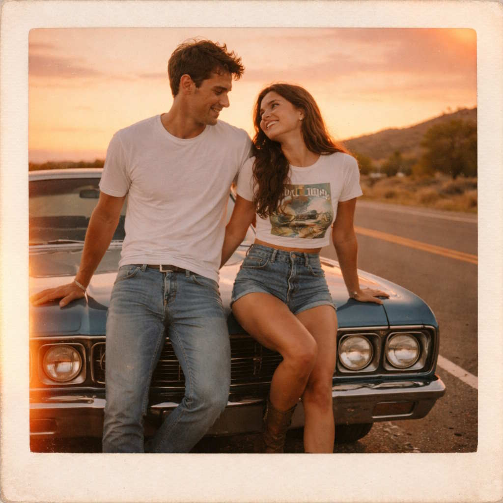 Ảnh chụp cặp đôi tựa vào một chiếc xe cổ lúc hoàng hôn