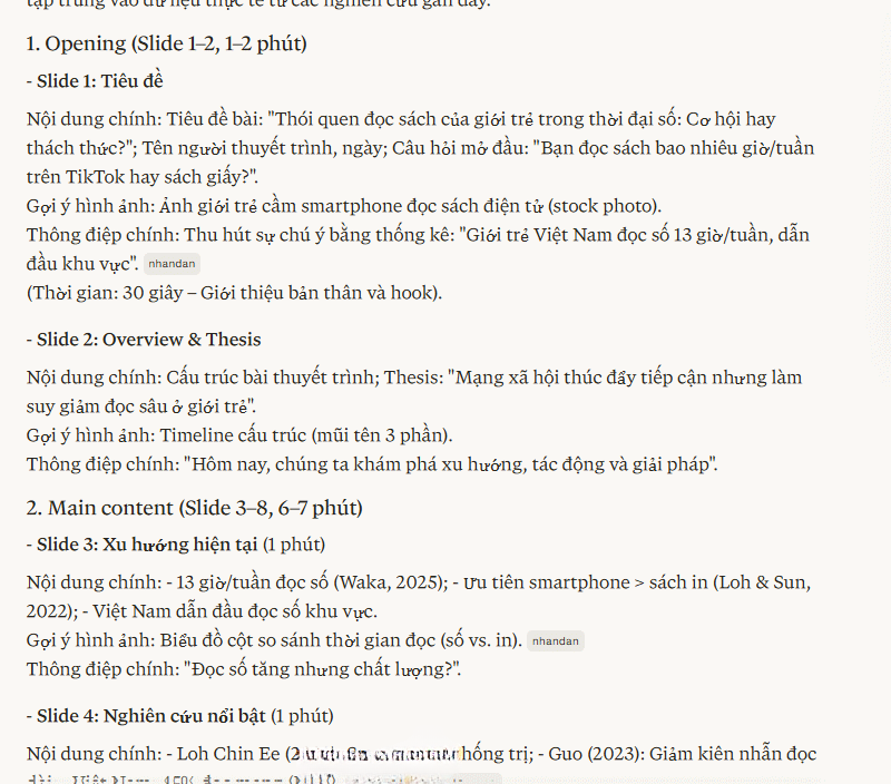 Prompt tạo dàn ý thuyết trình 10 phút