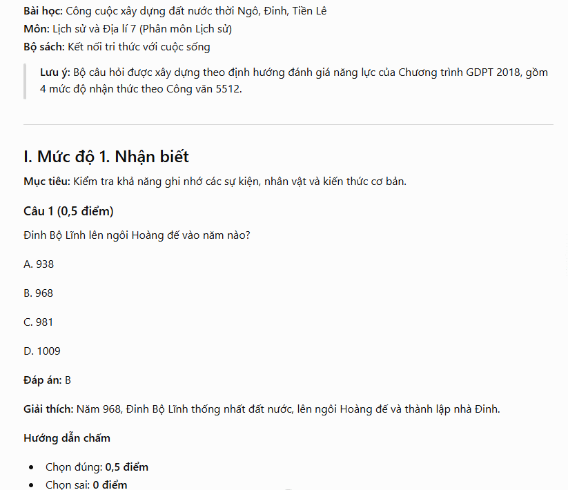 Câu hỏi nhận biết nội dung