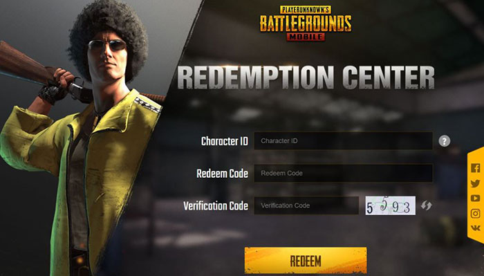 Giao diện trung tâm đổi mã thưởng của PUBG Mobile