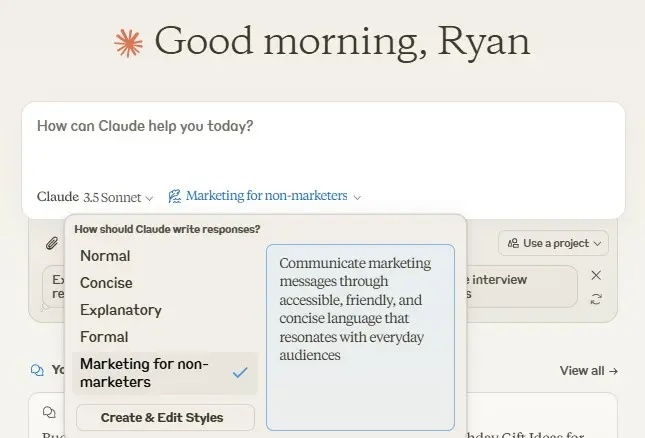 Các tùy chọn phong cách viết của Claude