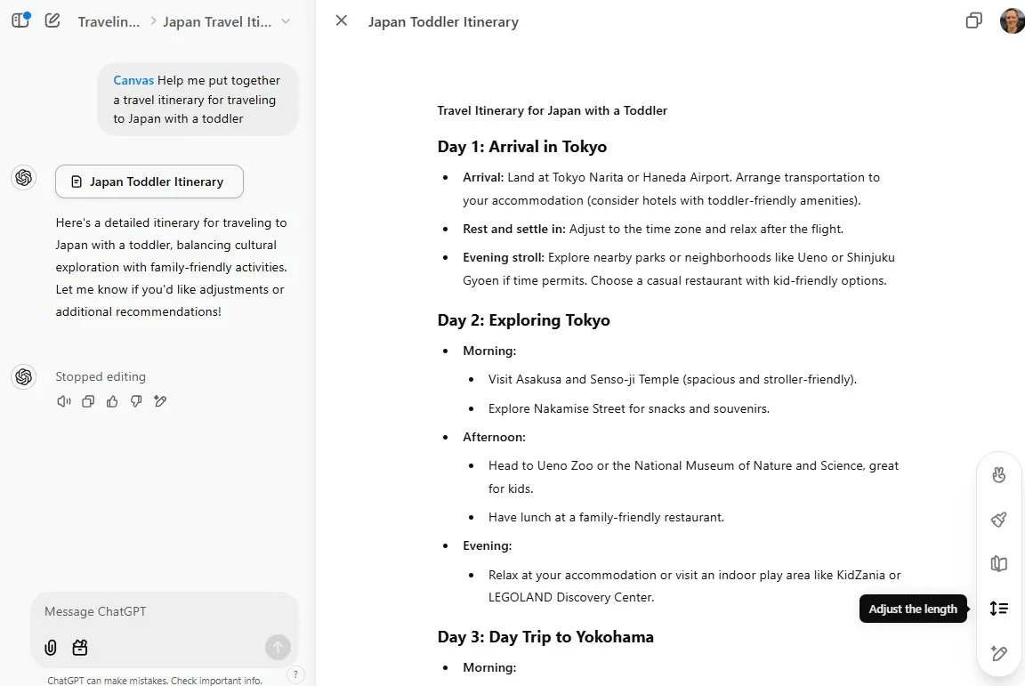 Lập kế hoạch hành trình trong ChatGPT Canvas