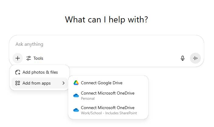 Thanh tin nhắn ChatGPT với tùy chọn thêm file từ Google Drive