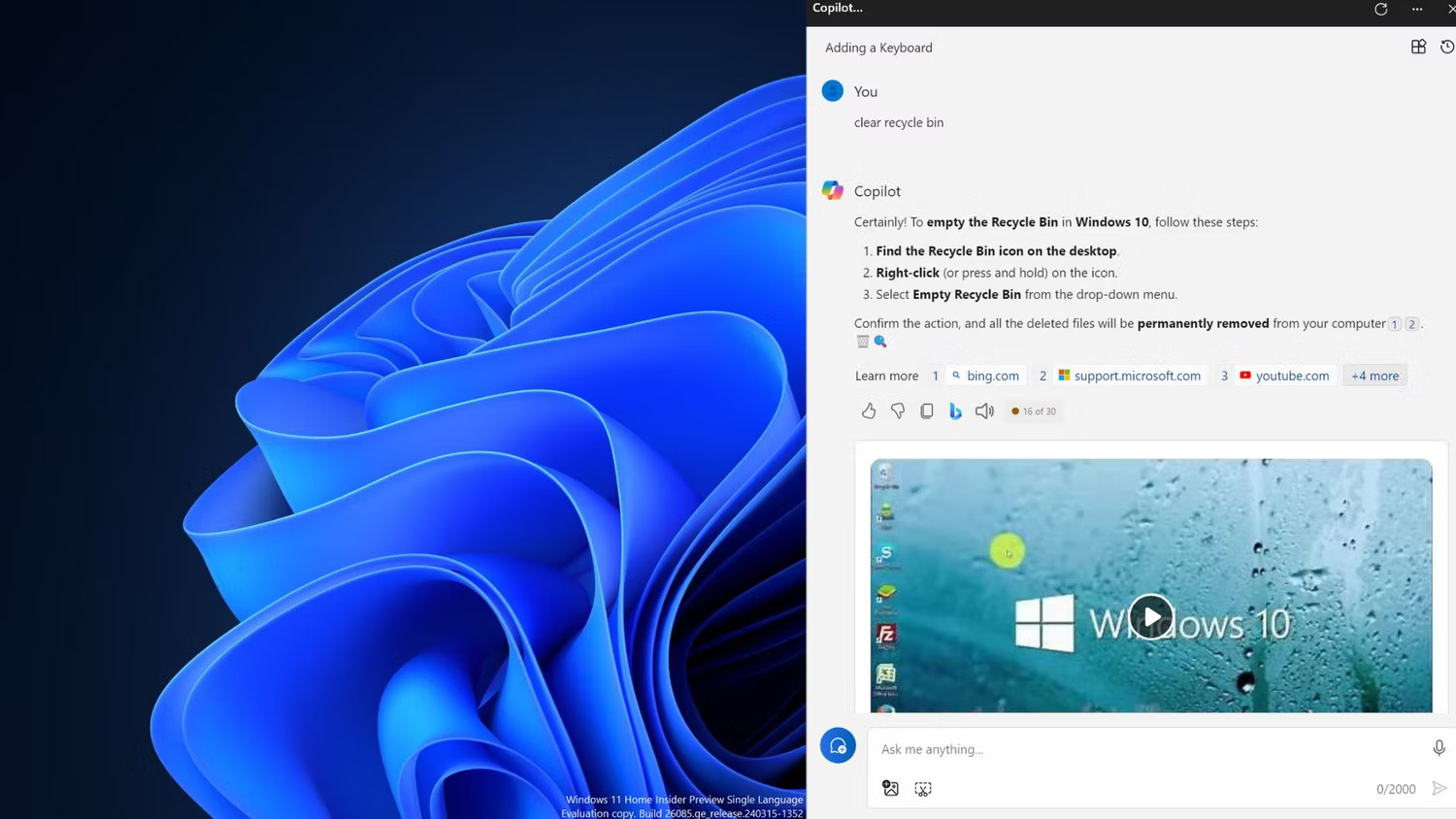 Xóa Recycle Bin bằng Copilot
