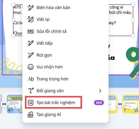 Tạo câu hỏi trắc nghiệm từ slide trên Canva