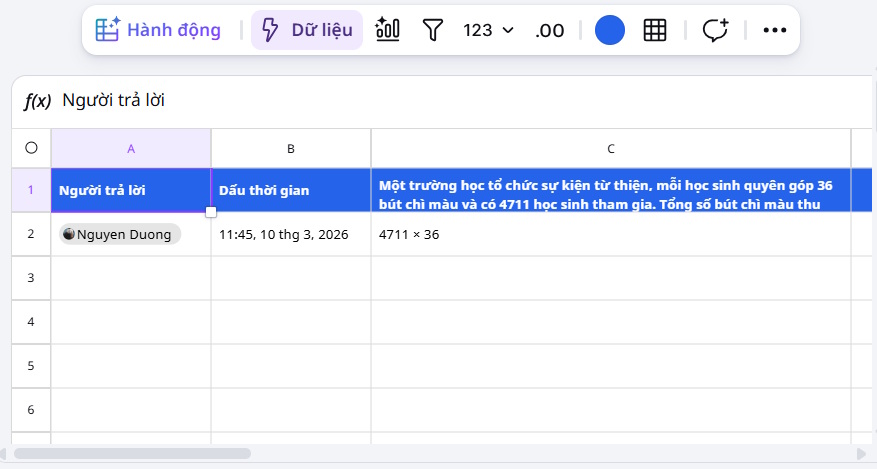 Bảng sheet câu trả lời trong slide trên Canva