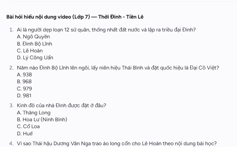 Câu hỏi tạo từ video trên Magic School AI