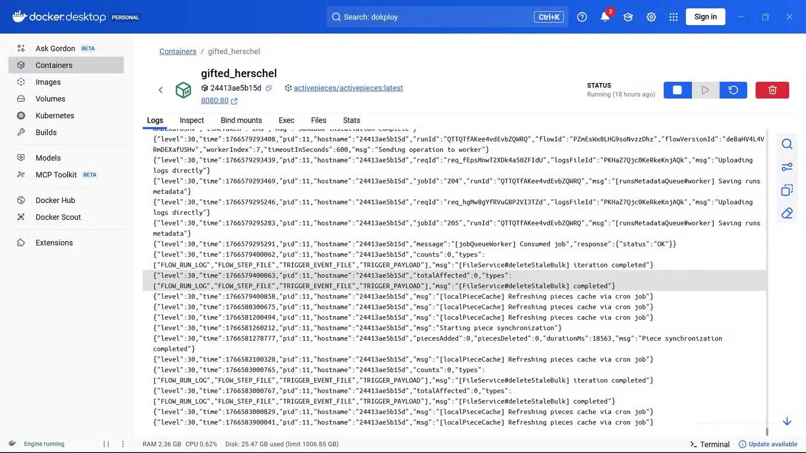 Một container Activepieces đang chạy trong Docker