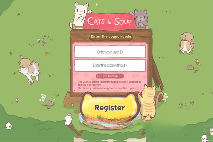 Nhập user ID của bạn và code game Cats & Soup: Fluffy Town
