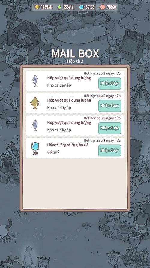 Phần thưởng được gửi vào Mail Box trong game