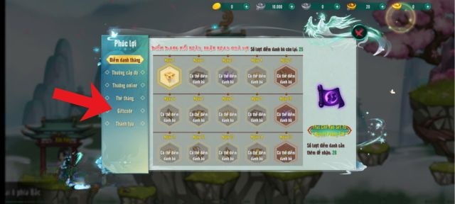 Chạm vào mục Giftcode
