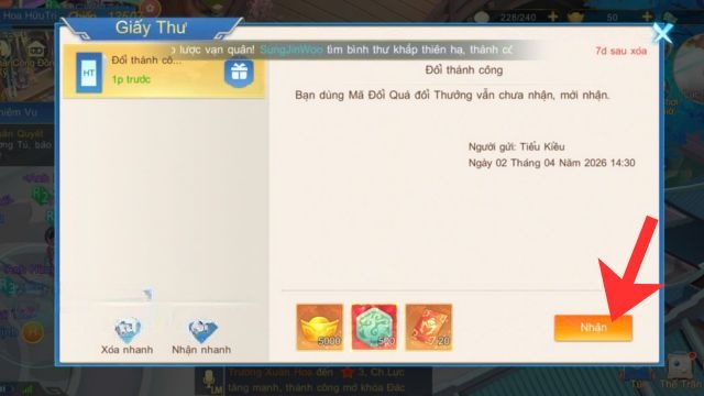 Nhấn vào nút Nhận