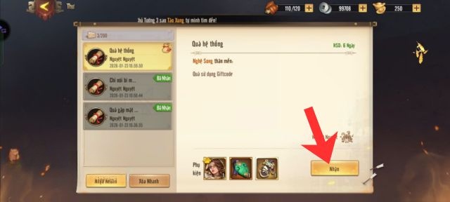 Ấn vào nút Nhận ở mục Quà hệ thống