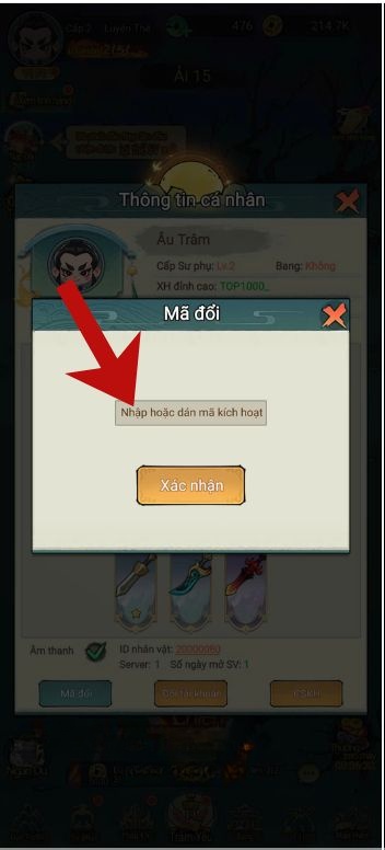 Nhập chính xác mã giftcode > Ấn vào biểu tượng dấu tick