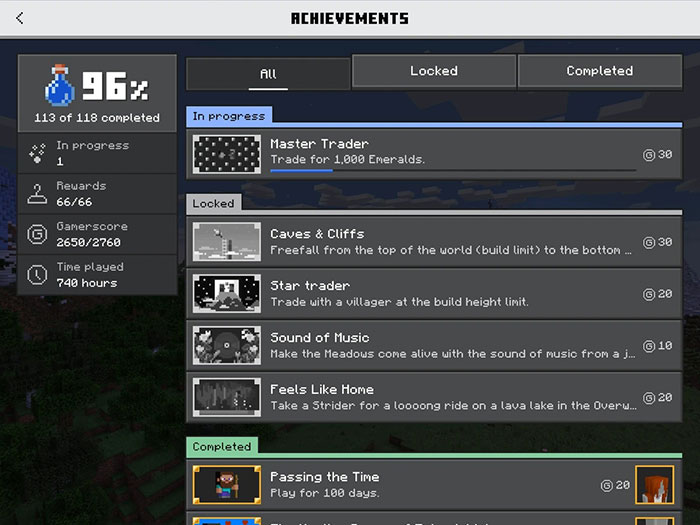 Minecraft hiện tại có tổng cộng 122 thành tích để người chơi mở khóa