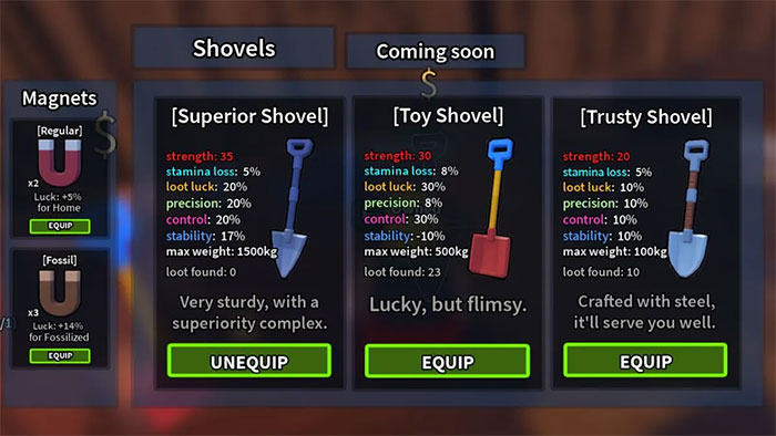 Một số xẻng trong Roblox Dig It