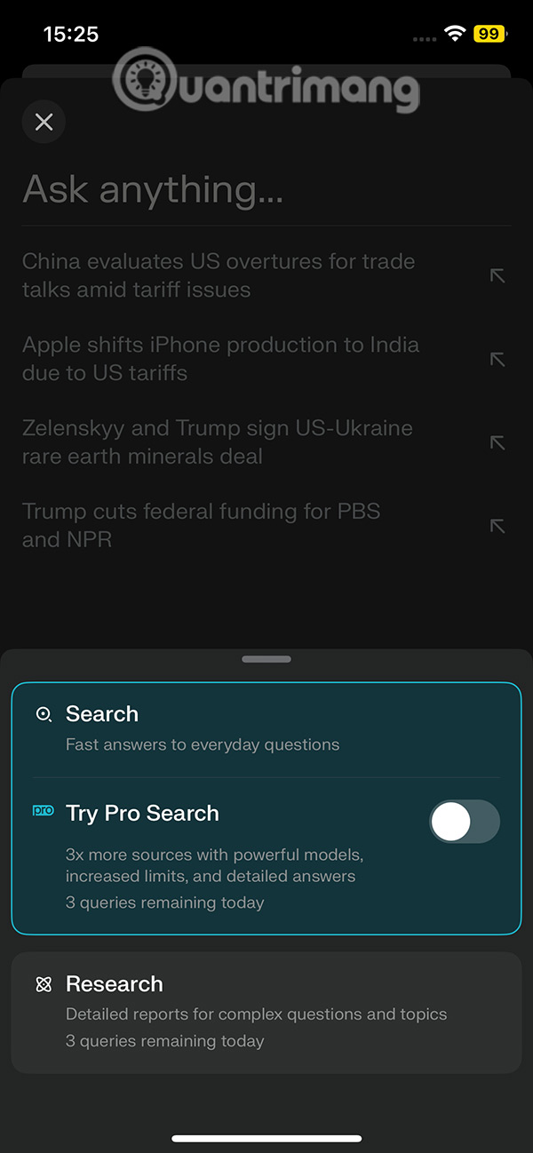 Chọn chế độ sử dụng Perplexity