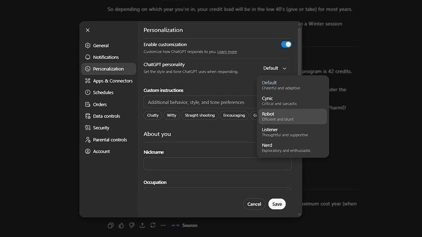 Cài đặt tính cách ChatGPT trong ứng dụng web ChatGPT