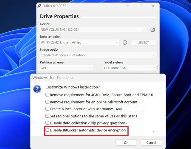 Dùng Rufus để tắt tính năng BitLocker trước khi cài đặt Windows. Ảnh: WindowsLatest.